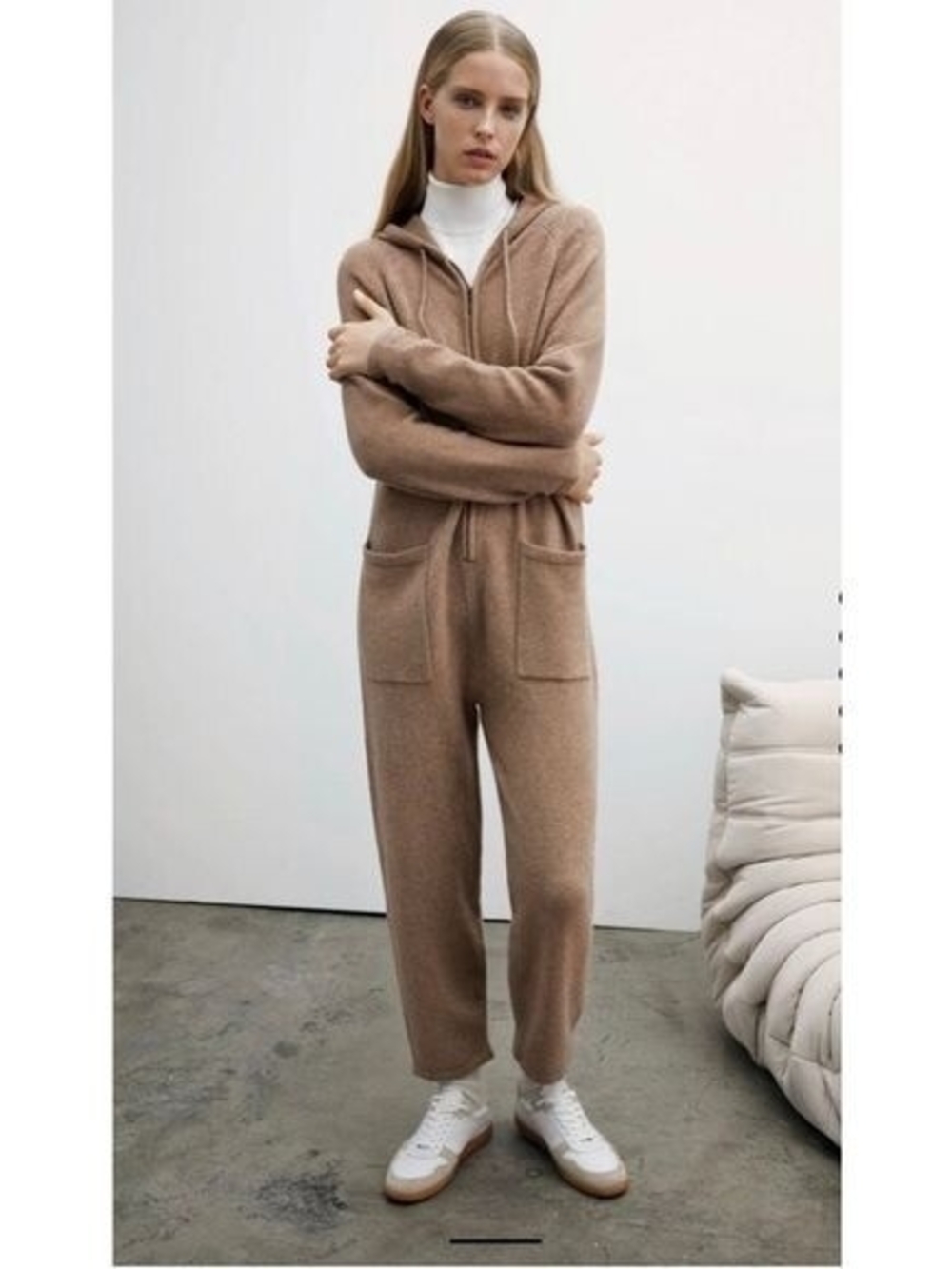 Zara Knit Hooded Jumpsuit in Light Brown